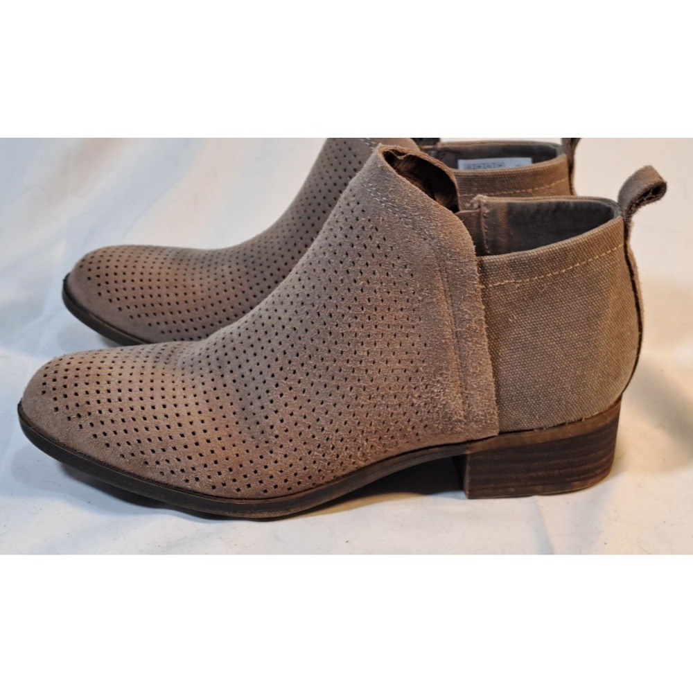 TOMS Deia Taupe Perforated Suede Canvas Ankle Booties Womens 7.5 Zip Block Heel - Picture 8 of 12